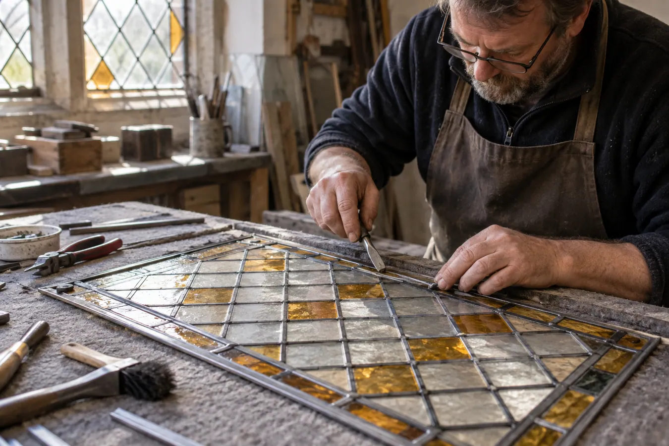 Illustrative Anti Glare Window Film scene: Craftsperson repairs a traditional leadlight window.