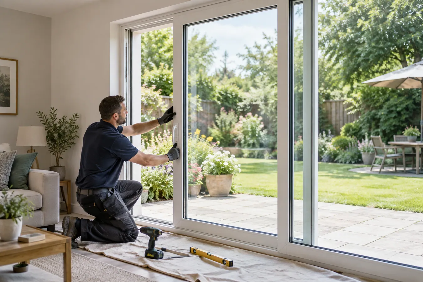 Illustrative Burglary Double Glazed Door Repairs scene: Glazier Installing a Modern Double Glazed Patio Door.