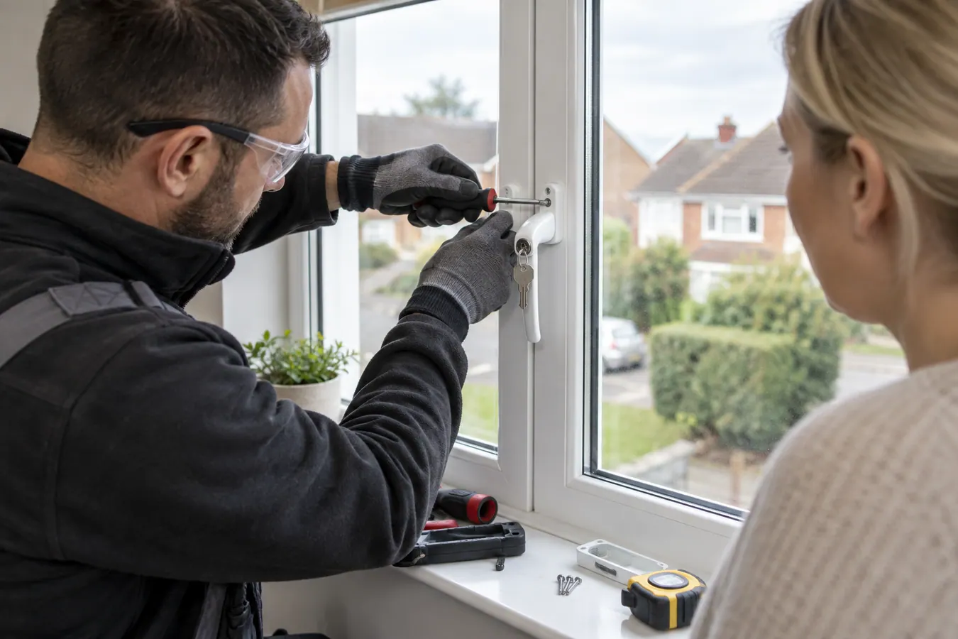 Illustrative Burglary Window Handle Replacement scene: Installer fits keyed window security handle.