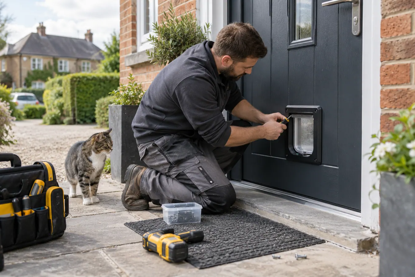 Illustrative Cat Flap Removal scene: Cat flap installation on a modern door.
