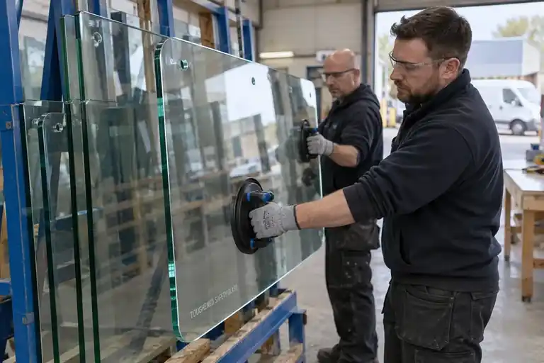 Illustrative Office Anti Shatter Film scene: Glaziers handling a thick safety-glass panel with suction grips.