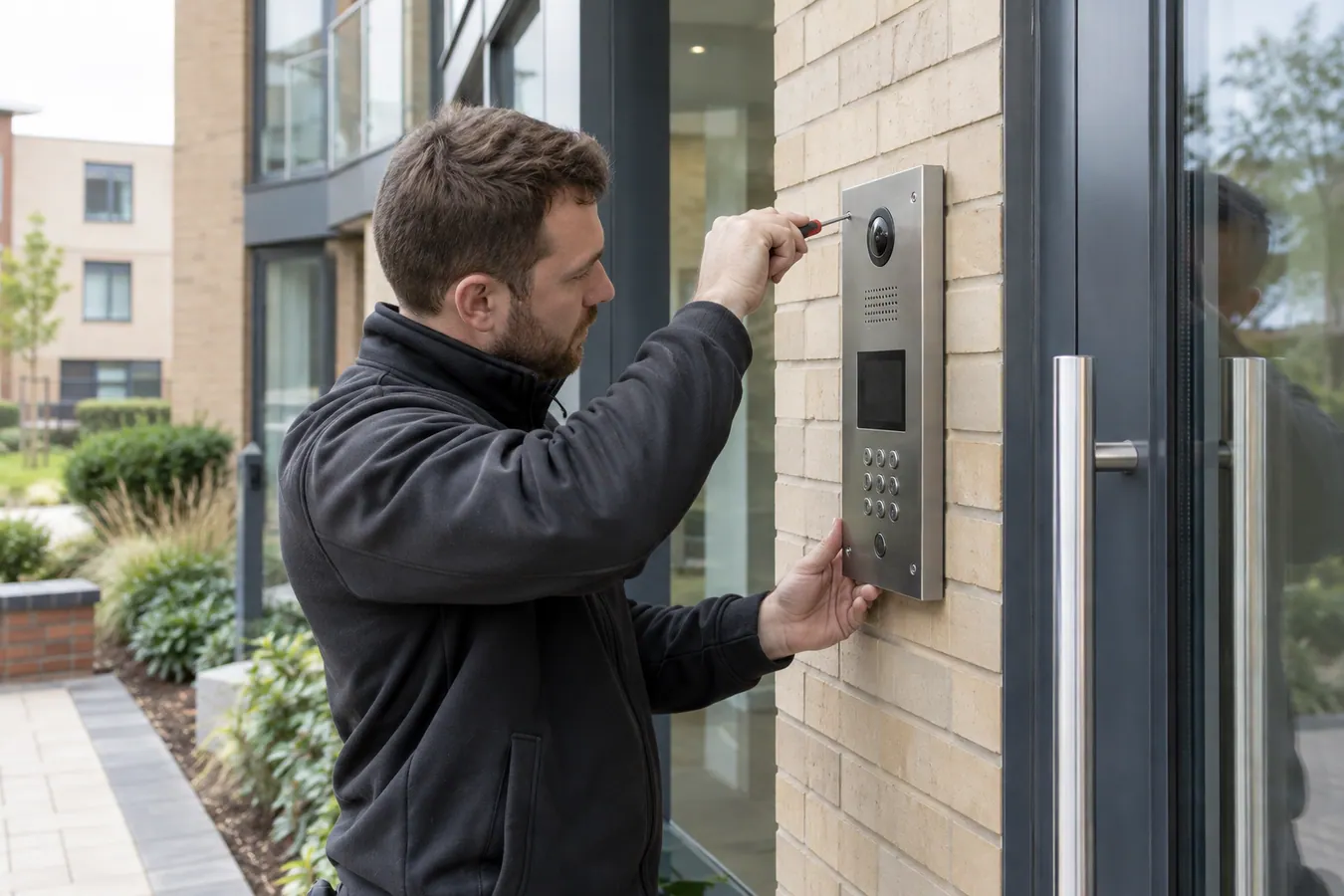 Illustrative Intercom Entry Systems scene: Technician Installing Apartment Video Intercom.