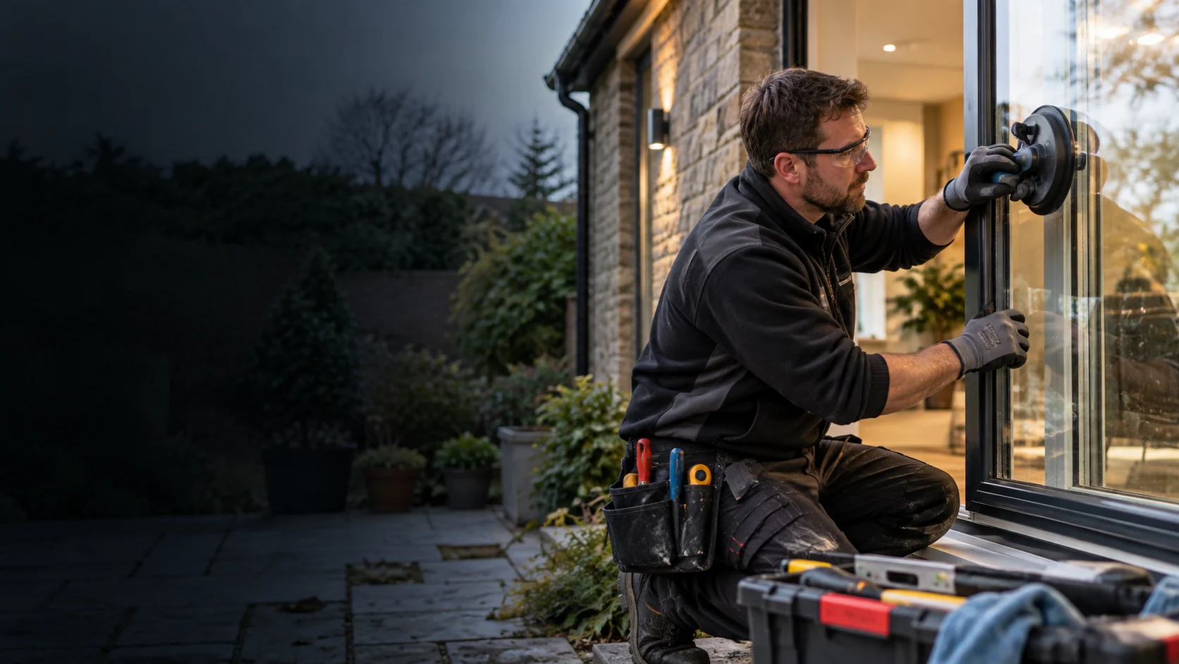Glazier carefully working on a window repairs project at a UK property