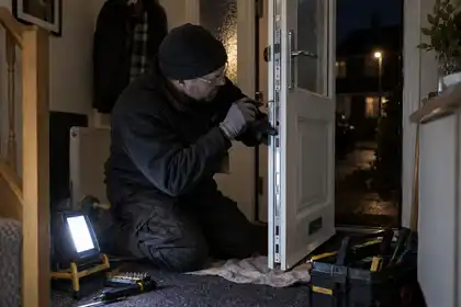 After-dark interior view of a locksmith kneeling beside a white uPVC entrance door repairing its multipoint locking strip, residential hallway, portable lamp.