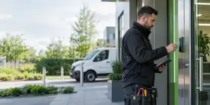 Illustrative Access Control System Upgrades scene: Engineer Testing Modern Door Access Reader.