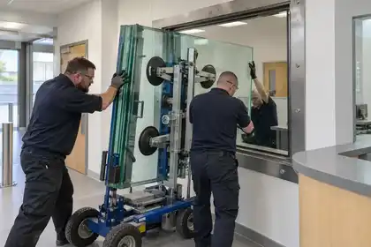 Secure reception refurbishment: three installers guiding a very thick multi-layer laminated glass panel using a lifting trolley into a reinforced steel observation window, bright institutional interior, no weapons or attack testing.
