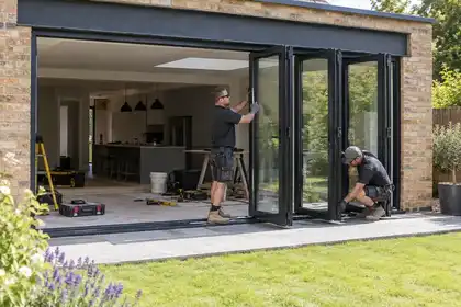 Garden-facing renovation: two installers fitting black aluminium bifold door leaves within a substantial lintel-supported opening, partly folded panels, summer lawn outside.