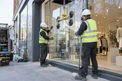 Illustrative Blast Mitigation Glazing Upgrades scene: Glazier Installing Laminated Security Glass.