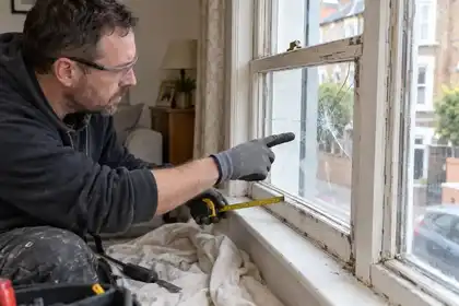 Close interior inspection of a cracked old timber sash window, gloved glazier pointing to the damaged pane while holding measuring tape, drop cloth below, ordinary living room.