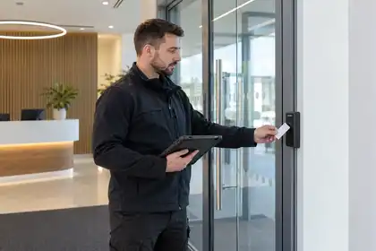 Illustrative Card Reader Access Systems scene: Technician Testing RFID Reader at Glass Entrance.