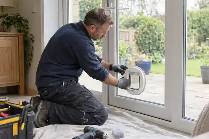 Fitter adjusting a pet door in a glazed panel