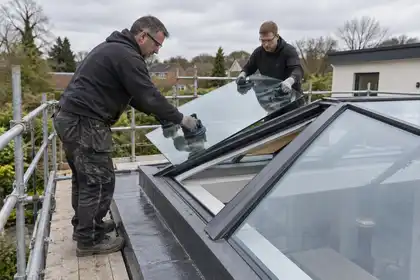 Illustrative Commercial Roof Glazing scene: Glazing installers replace roof lantern glass.