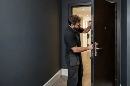 Illustrative Communal Security Entrance Doors scene: Door Fitter Installing a Reinforced Entrance Door.