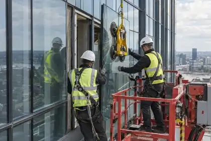 Damaged curtain wall glass being safely replaced
