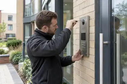 Technician installing a video intercom and keypad at an apartment entrance