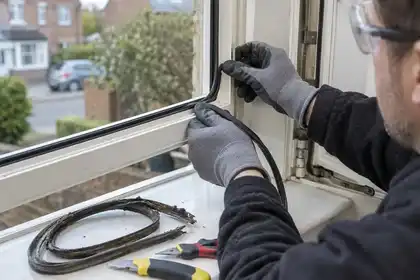 Macro detail of gloved hands pressing a new continuous black rubber weather gasket into the groove around an open cream uPVC window, old brittle strip coiled on sill, soft daylight.
