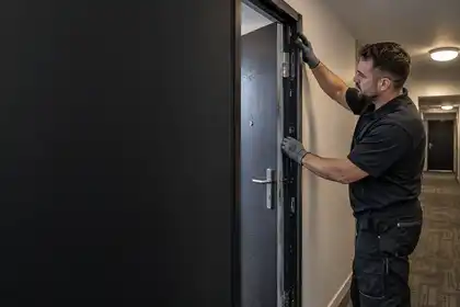 Illustrative Fire Rated Commercial Glazing scene: Installer fitting a fire rated security door.