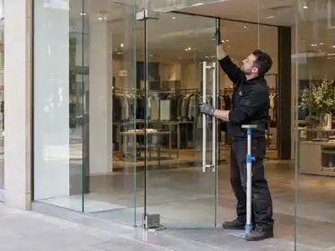 Glazier fitting a swing glass entrance door with pivot hardware