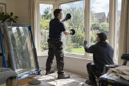 Garden-facing bay window interior: glazier guides a clear replacement glass pane into the timber frame using suction cups while assistant supports its edge, removed cracked pane safely in padded rack, midday view.