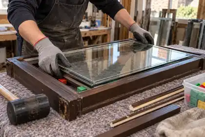 Gloved hands glazing a timber window sash on a workbench