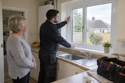 Technician inspecting completed kitchen glazing with a homeowner