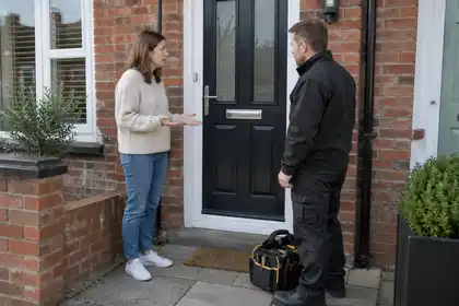 Resident with empty hands talking to locksmith outside a terraced house.