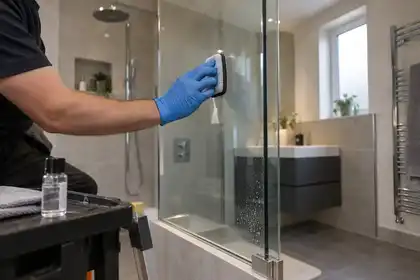 Technician applying hydrophobic coating to a shower glass screen
