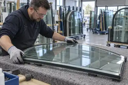 Technician assembling an arched insulated glass unit in a glazing workshop