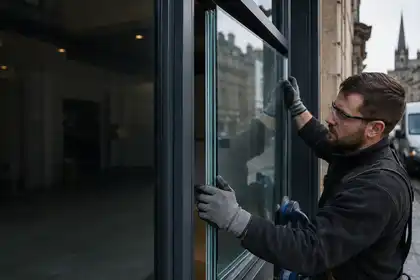 Illustrative Laminated Glass Replacement scene: Glazier fitting laminated security glass.png.