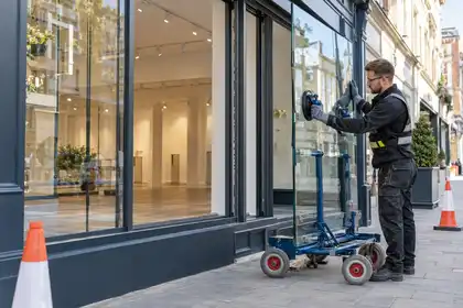 Illustrative Laminated Security Shopfront Glass scene: Glazier installing laminated shopfront glass.png.