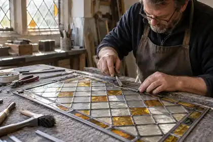 Craftsperson repairing the lead cames of a traditional diamond-pane window