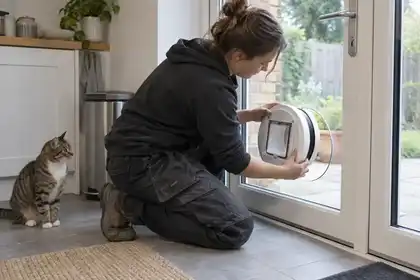 Installer fitting a microchip cat flap into prepared door glazing