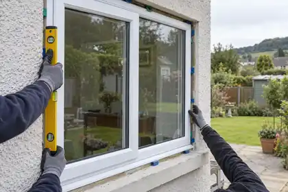 Installers aligning a new casement window in a rendered house