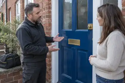 Locksmith discussing an undamaged locked entrance with homeowner, no picks or bypass instructions.