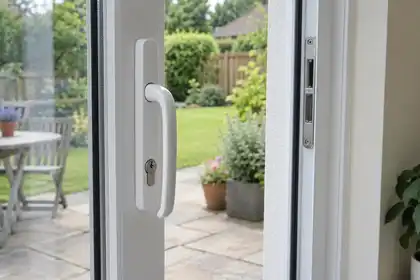 Sliding patio-door handle, lock and frame keep.