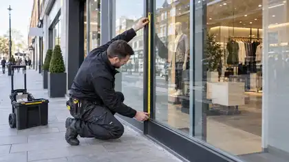 Illustrative Protective Film Inspections scene: Glazier measuring a shopfront window.png.