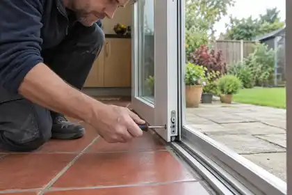 Technician adjusting the lower frame of a sliding patio door