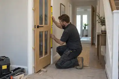 Carpenter aligning a replacement oak glazed interior door