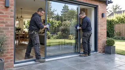 Illustrative Residential Solar Window Film scene: Two glaziers fitting a new sliding glass patio door into its frame and track.