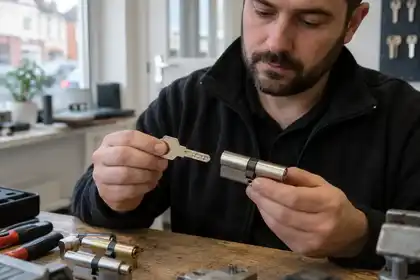 Controlled profile key and cylinder displayed by locksmith on clean desk, no brand logo.