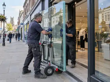Illustrative Safety Film Aftercare scene: Laminated safety glass shopfront installation.