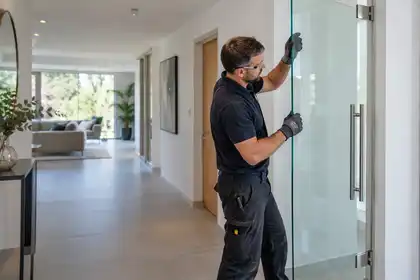 Illustrative Safety Film and Manifestation scene: Glazier fitting a frameless safety glass door.