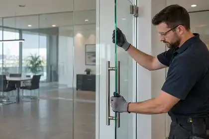 Illustrative Secondary Glazing for Offices scene: Glazier Installing Toughened Glass Office Door.