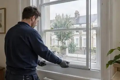 Illustrative Secondary Glazing for Sash Windows scene: Glazier fitting internal secondary glazing.