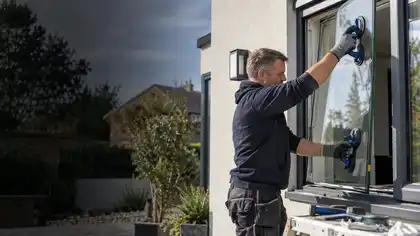 Illustrative Secondary Glazing Glass Replacement scene: Expert glazier fitting replacement double glazed panel.
