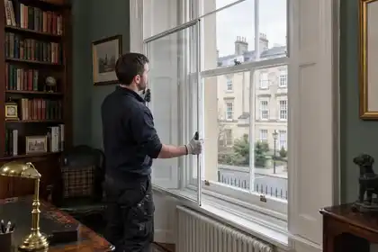 Installer fitting secondary glazing inside an existing sash window