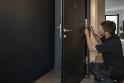 Illustrative Security Door Hinge Repairs scene: Premium apartment door hinge installation.