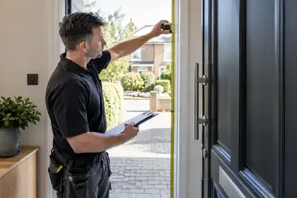 Illustrative Security Door Surveys scene: Door fitter measuring a premium entrance.