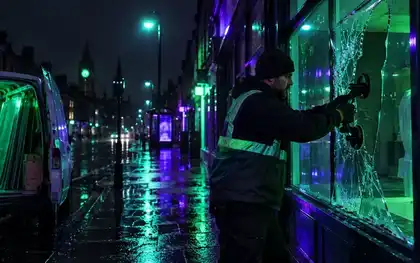 Glazier working on damaged shopfront glass with suction handles