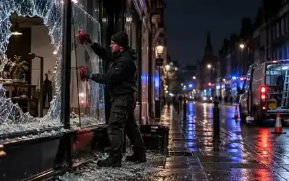 Glazier replacing shattered shopfront glass